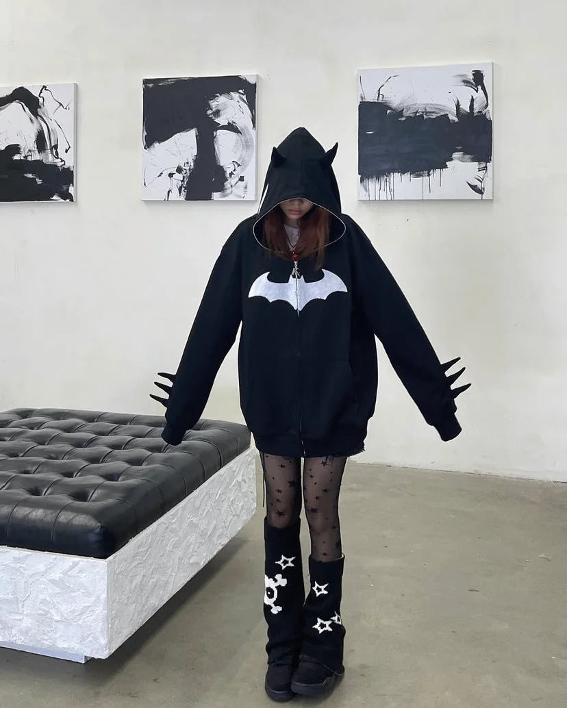 European and American Goths Dark Bat Print Hooded Cardigan Full Chain Loose Male and Female Trendy Brand Sweater Coat