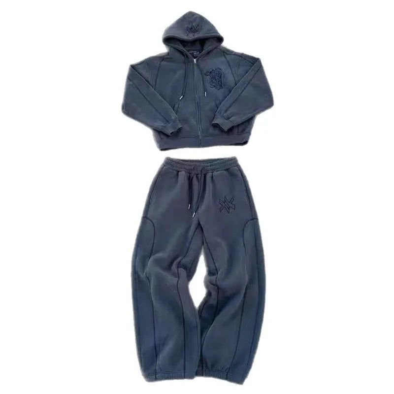 American Y2K Casual Zipper Hoodie Sweatpant Two Piece Set HipHop Oversized Printed Sweatshirts Tracksuits Men Women Casual Pants