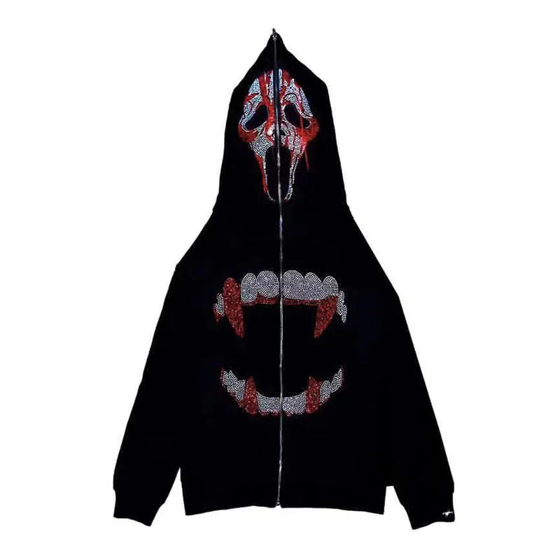Couple's Street Hip Hop Skull Rhinestone Print Full Zip Hoodie Halloween Y2K Jacket Sweater Top Coat Hoodie