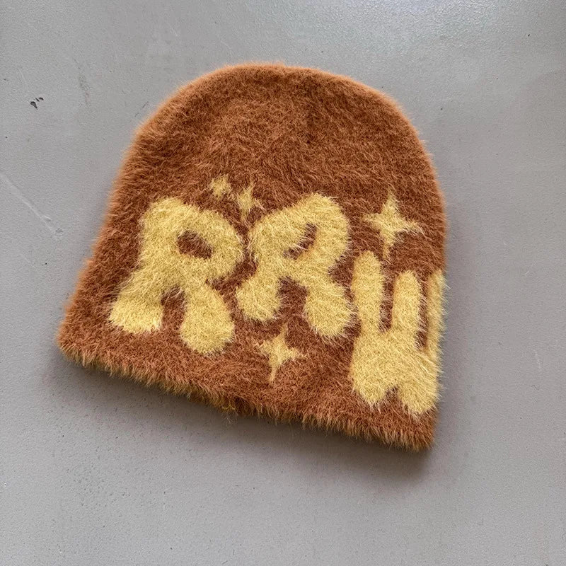 New Ins Popular Unisex Autumn Funny Hat Mink Fur Winter Women's Cap With Letter Beanies Hat Men Warm Soft Skullies Bonnets Gift