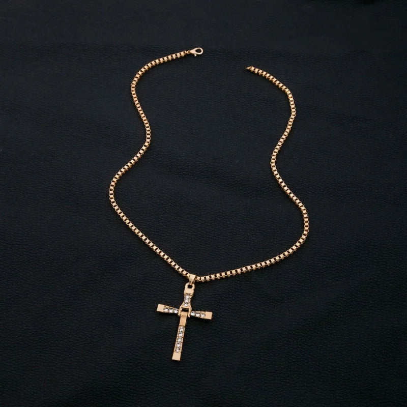 Men's Punk Rock Double Cross Necklace, Titanium Steel Dragon Bone Chain with Zircon, Vintage Gothic Biker Jewelry Gift for Him