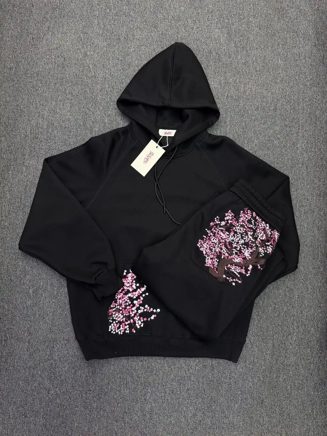 Oversized Sakura Cherry Blossom Tree Hoodie Pants Set Gray Tracksuit with Japanese Floral Design Trendy Y2K Streetwear Fashion