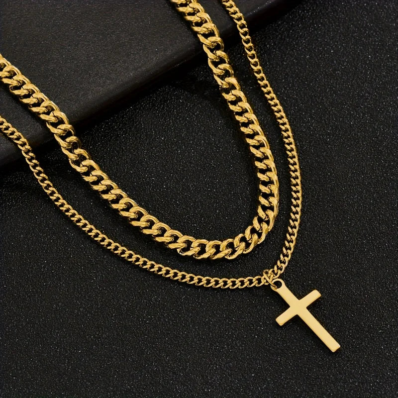 Men's Punk Rock Double Cross Necklace, Titanium Steel Dragon Bone Chain with Zircon, Vintage Gothic Biker Jewelry Gift for Him
