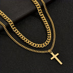Men's Punk Rock Double Cross Necklace, Titanium Steel Dragon Bone Chain with Zircon, Vintage Gothic Biker Jewelry Gift for Him