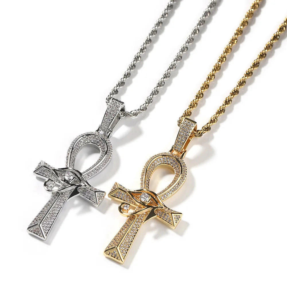 Shining Iced Out Ancient Egyptian God Eye of Horus Cross Pendant Necklace for Men and Women Hip Hop Trendy Amulet Jewelry Gift