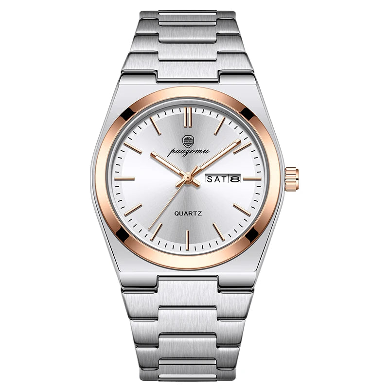 PAAZOMU 2026 New Sleek Silver Stainless Steel Quartz Watch with Striking Blue Sunburst Dial, Day-Date Window, and Luminous Hands