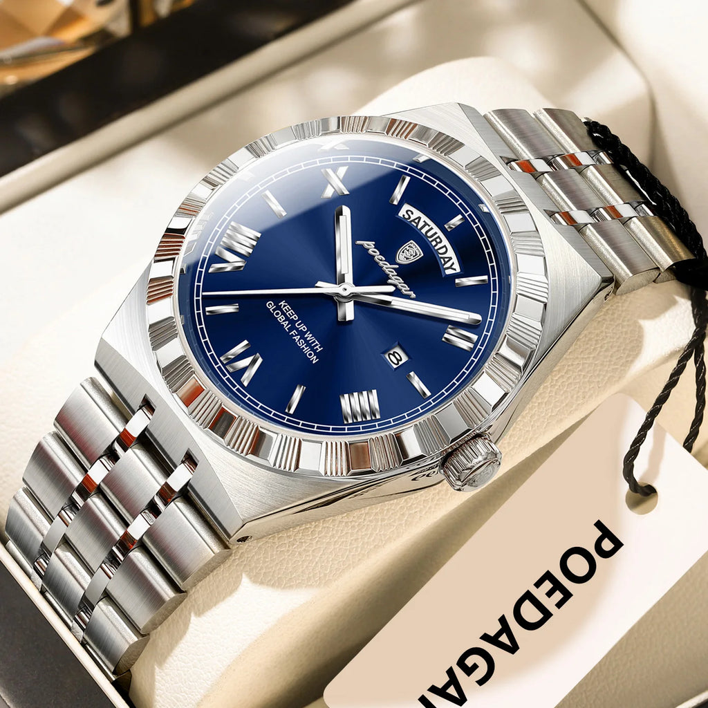 POEDAGAR Luxury Fashion Man Wristwatch Week Date Waterproof Luminous Men's Clock Stainless Steel Quartz Business Watches For Men