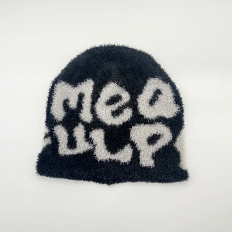 New Ins Popular Unisex Autumn Funny Hat Mink Fur Winter Women's Cap With Letter Beanies Hat Men Warm Soft Skullies Bonnets Gift