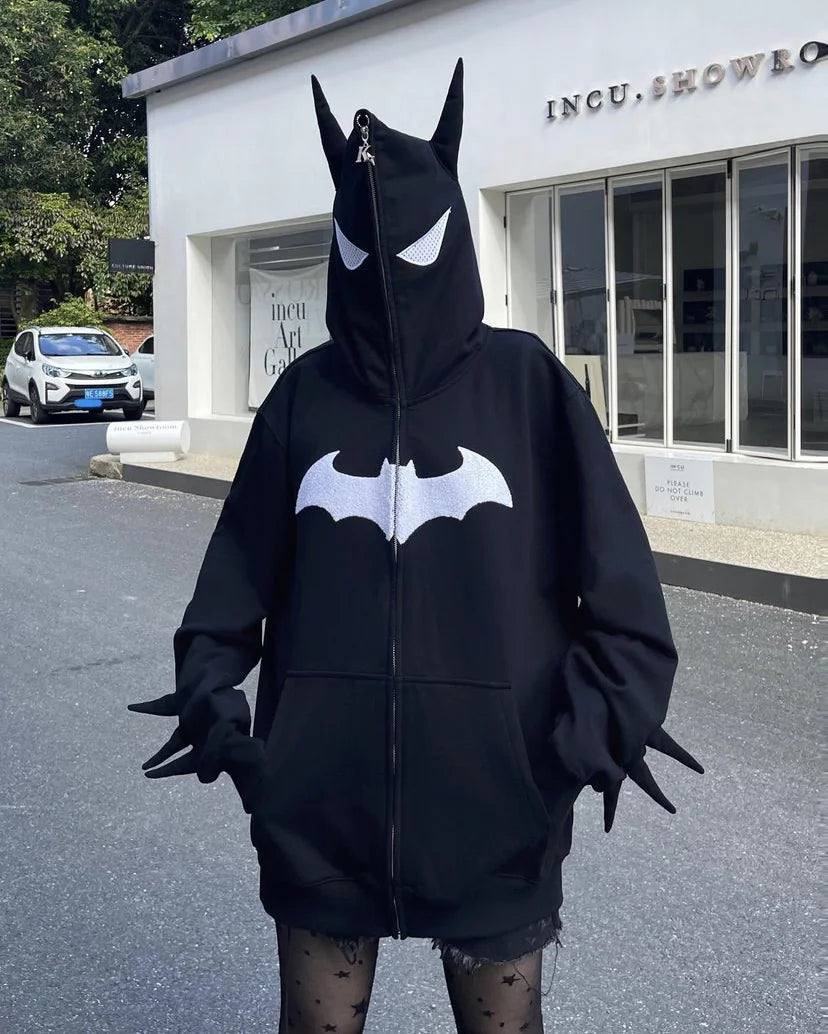 European and American Goths Dark Bat Print Hooded Cardigan Full Chain Loose Male and Female Trendy Brand Sweater Coat