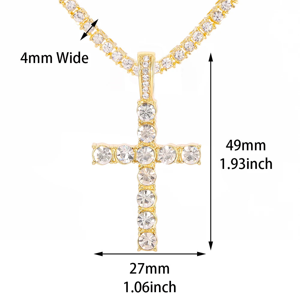 Men Women Hip Hop Cross Pendant Necklace With 4mm Zircon Tennis Chain Iced Out Exquisite Bling Jewelry Fashion Trendy Creative