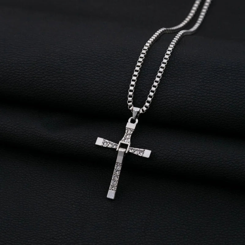 Men's Punk Rock Double Cross Necklace, Titanium Steel Dragon Bone Chain with Zircon, Vintage Gothic Biker Jewelry Gift for Him