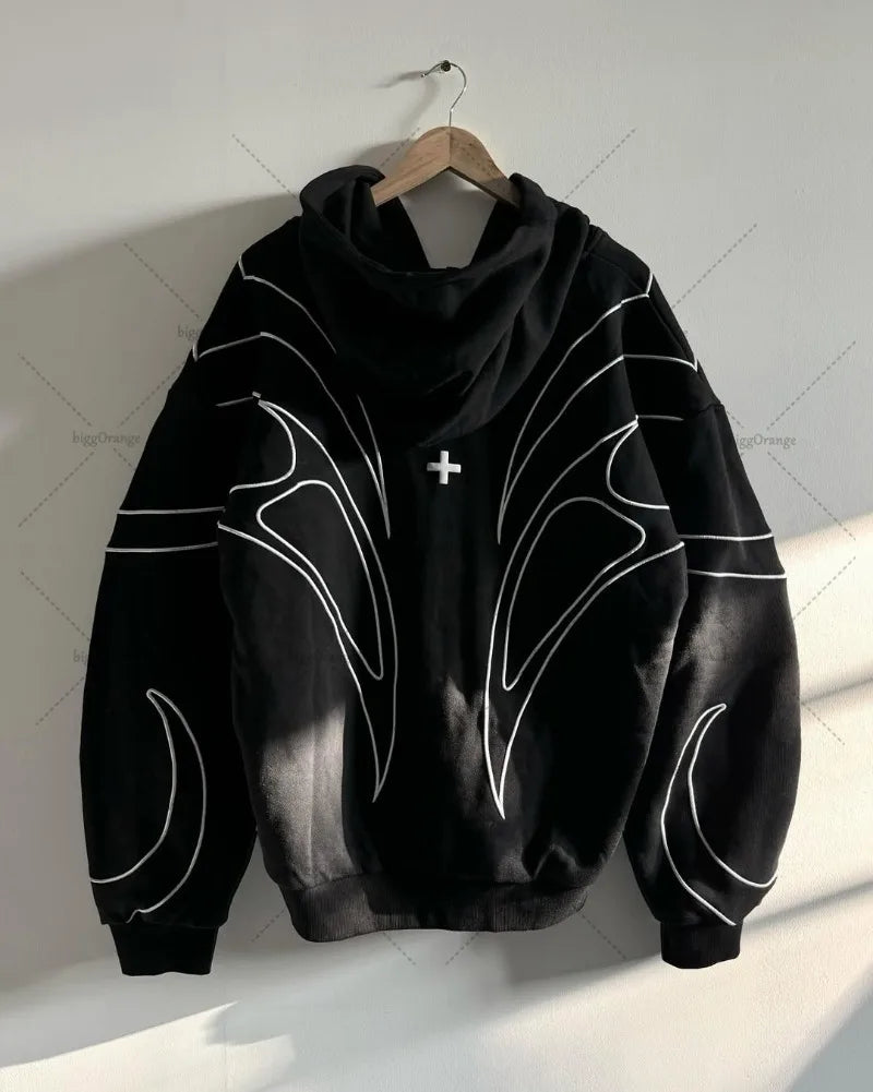 Street Retro Fashion Clothing Striped Embroidered Black Double Zipper Hoodie American Hip-hop Punk Oversized Sweatshirt Men