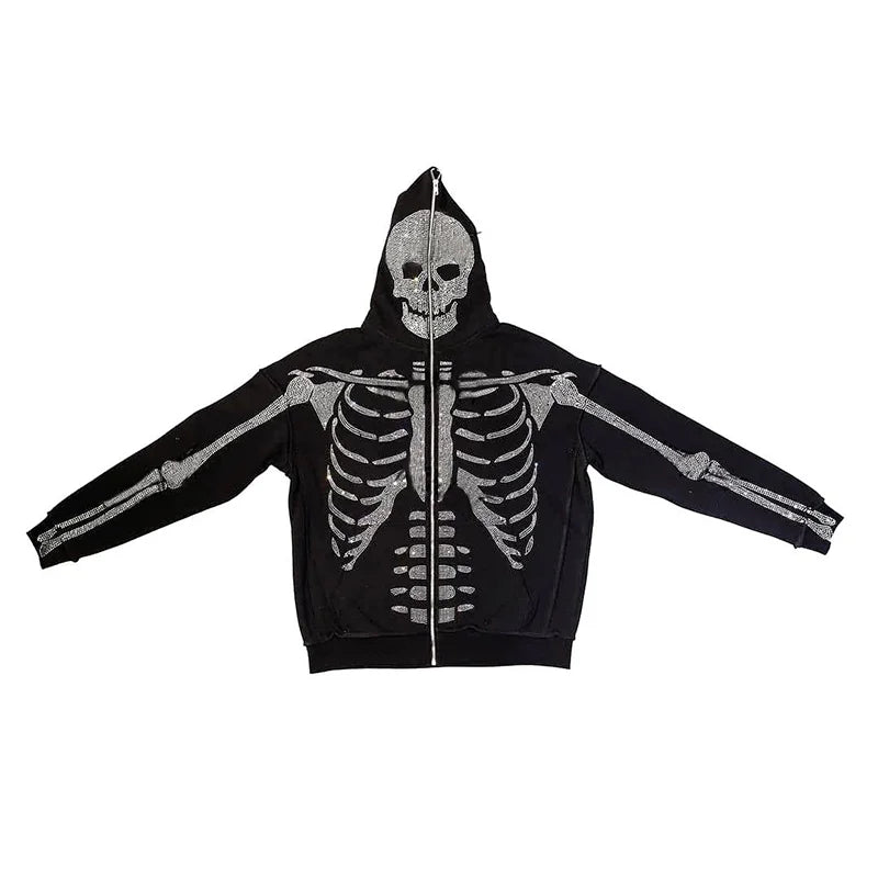 Couple's Street Hip Hop Skull Rhinestone Print Full Zip Hoodie Halloween Y2K Jacket Sweater Top Coat Hoodie