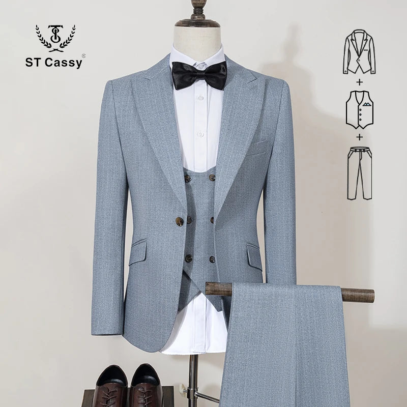 ST Cassy high quality full men's suits 3 pieces luxury Elegant Slim Fit Male Groom Wedding Party Dress Business Office costume