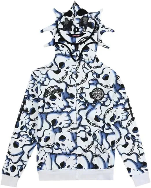 Skeleton Print Hoodie Cosplay Costume Zipper Jacket Long Sleeve Top Causal Hooded Sweatshirt Fashion Streetwear for Adult