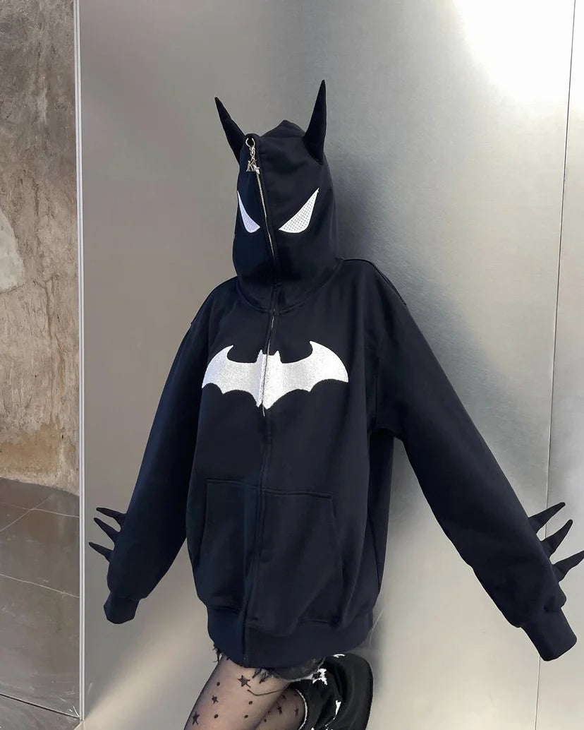 European and American Goths Dark Bat Print Hooded Cardigan Full Chain Loose Male and Female Trendy Brand Sweater Coat
