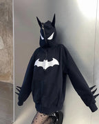 European and American Goths Dark Bat Print Hooded Cardigan Full Chain Loose Male and Female Trendy Brand Sweater Coat