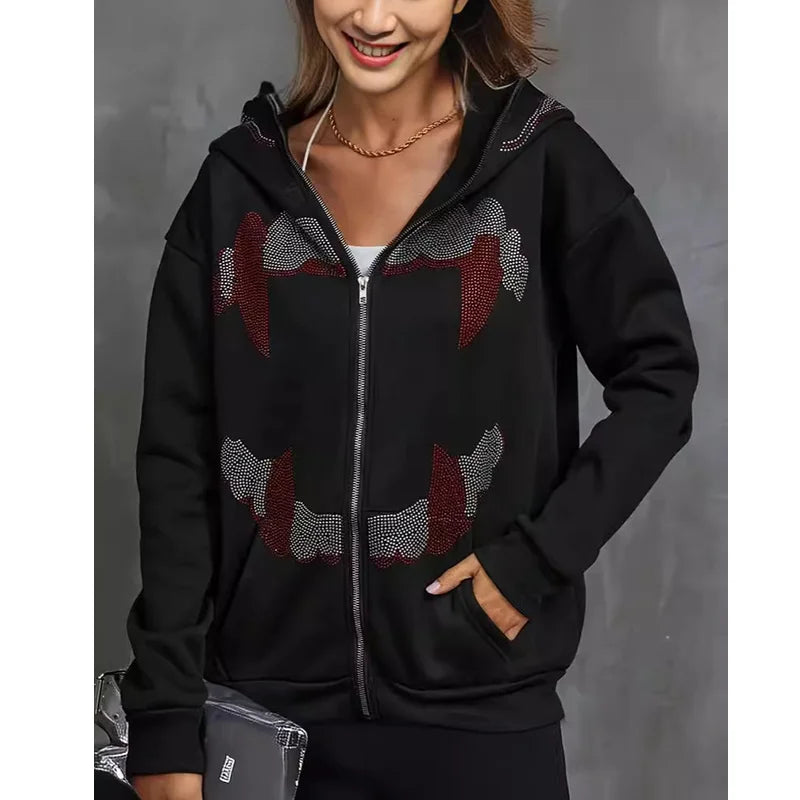 Couple's Street Hip Hop Skull Rhinestone Print Full Zip Hoodie Halloween Y2K Jacket Sweater Top Coat Hoodie