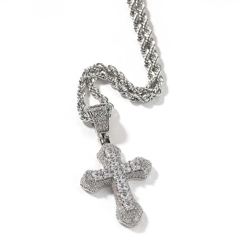 Trend Cross Pendant Necklaces Fashion Hip Hop Rapper's Iced Out Zirconia Stainless Steel Rope Chain on Neck HommeJewelry OHP141
