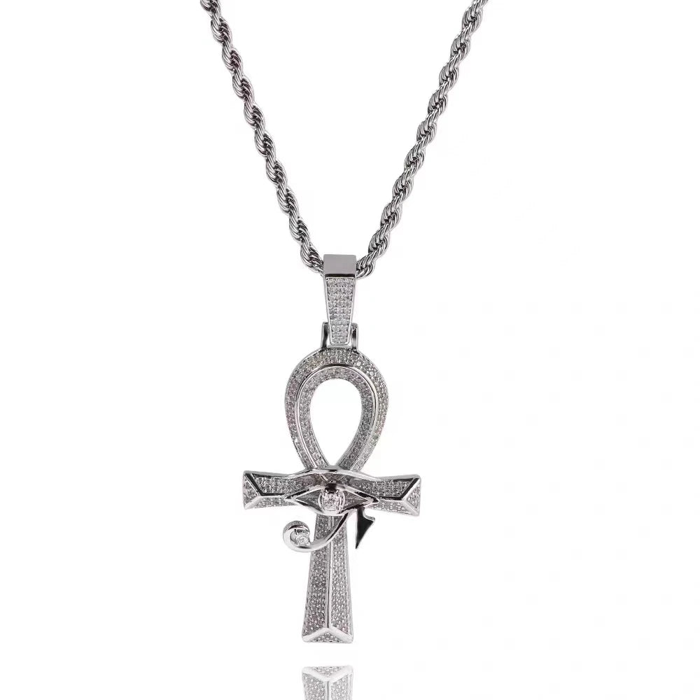 Shining Iced Out Ancient Egyptian God Eye of Horus Cross Pendant Necklace for Men and Women Hip Hop Trendy Amulet Jewelry Gift