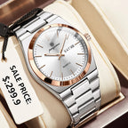 PAAZOMU 2026 New Sleek Silver Stainless Steel Quartz Watch with Striking Blue Sunburst Dial, Day-Date Window, and Luminous Hands