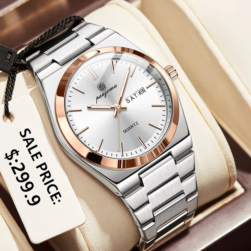 PAAZOMU 2026 New Sleek Silver Stainless Steel Quartz Watch with Striking Blue Sunburst Dial, Day-Date Window, and Luminous Hands