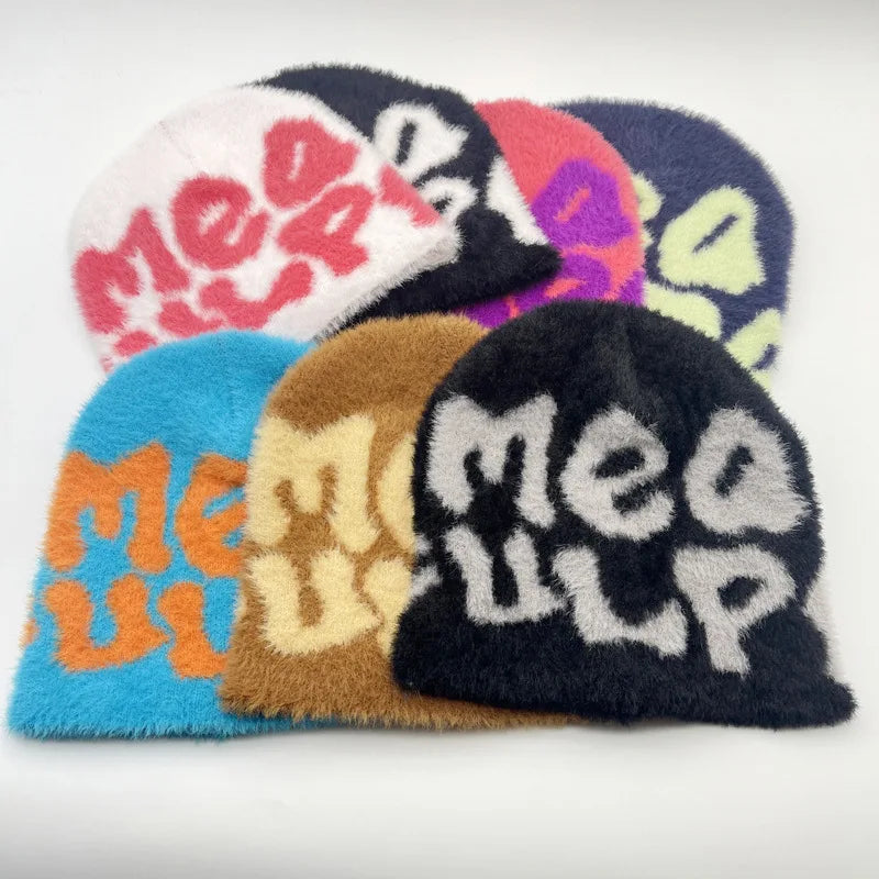 New Ins Popular Unisex Autumn Funny Hat Mink Fur Winter Women's Cap With Letter Beanies Hat Men Warm Soft Skullies Bonnets Gift