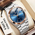 PAAZOMU 2026 New Sleek Silver Stainless Steel Quartz Watch with Striking Blue Sunburst Dial, Day-Date Window, and Luminous Hands