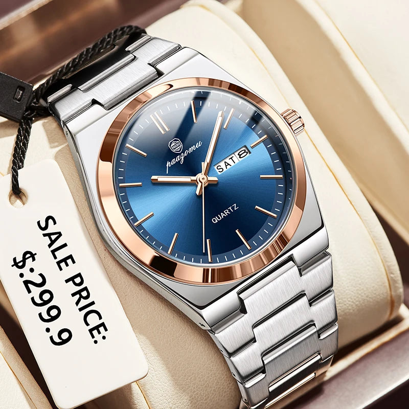 PAAZOMU 2026 New Sleek Silver Stainless Steel Quartz Watch with Striking Blue Sunburst Dial, Day-Date Window, and Luminous Hands