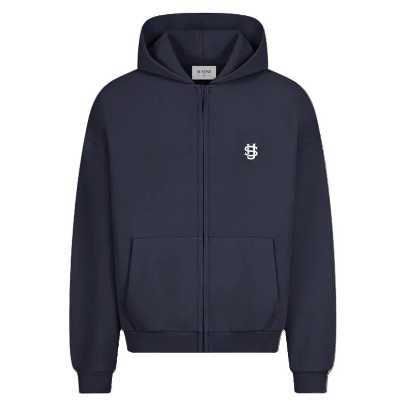 Warm Men's Sportswear Hoodie Solid Color Hooded Sweater Loose Fleece Pullover Sportswear Dark Blue Y2K Plus Thick Street Fashion