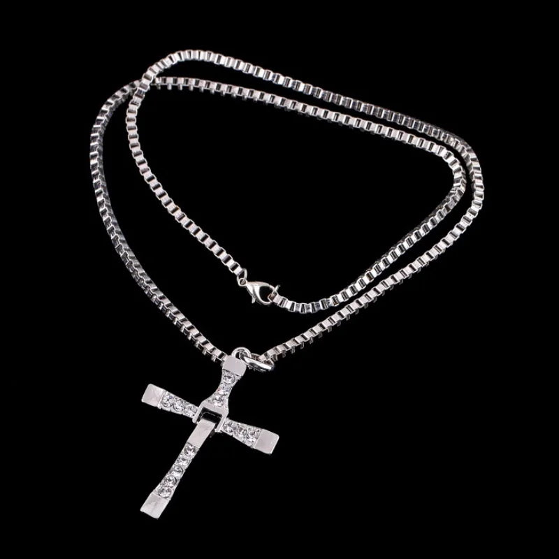 Men's Punk Rock Double Cross Necklace, Titanium Steel Dragon Bone Chain with Zircon, Vintage Gothic Biker Jewelry Gift for Him