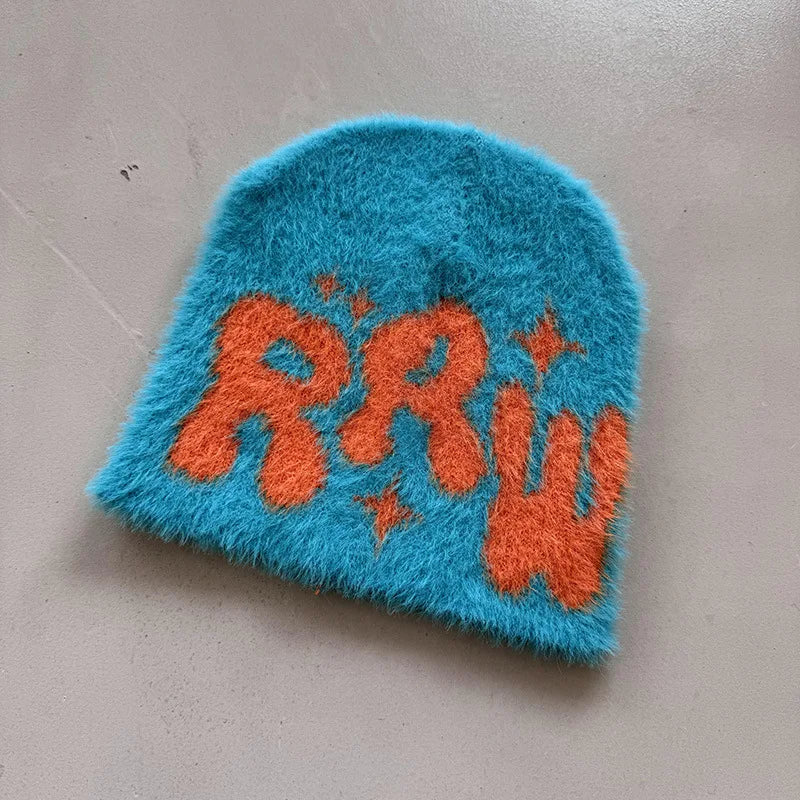 New Ins Popular Unisex Autumn Funny Hat Mink Fur Winter Women's Cap With Letter Beanies Hat Men Warm Soft Skullies Bonnets Gift