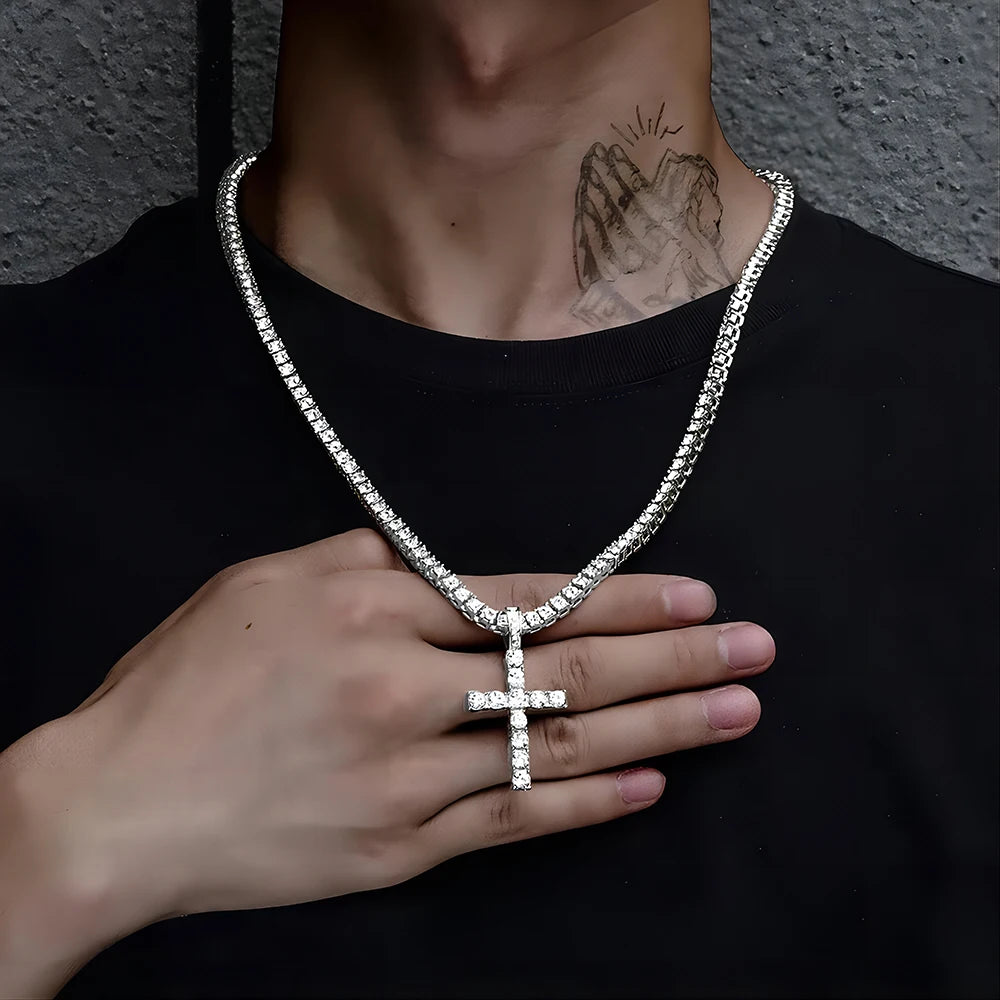Men Women Hip Hop Cross Pendant Necklace With 4mm Zircon Tennis Chain Iced Out Exquisite Bling Jewelry Fashion Trendy Creative