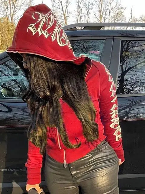New 2023 Winter Letter Printed Zip Up Hoodie Streetwear Women Cyber Y2k Jackets Cardigan Gothic Punk Clothes Sweatshirts