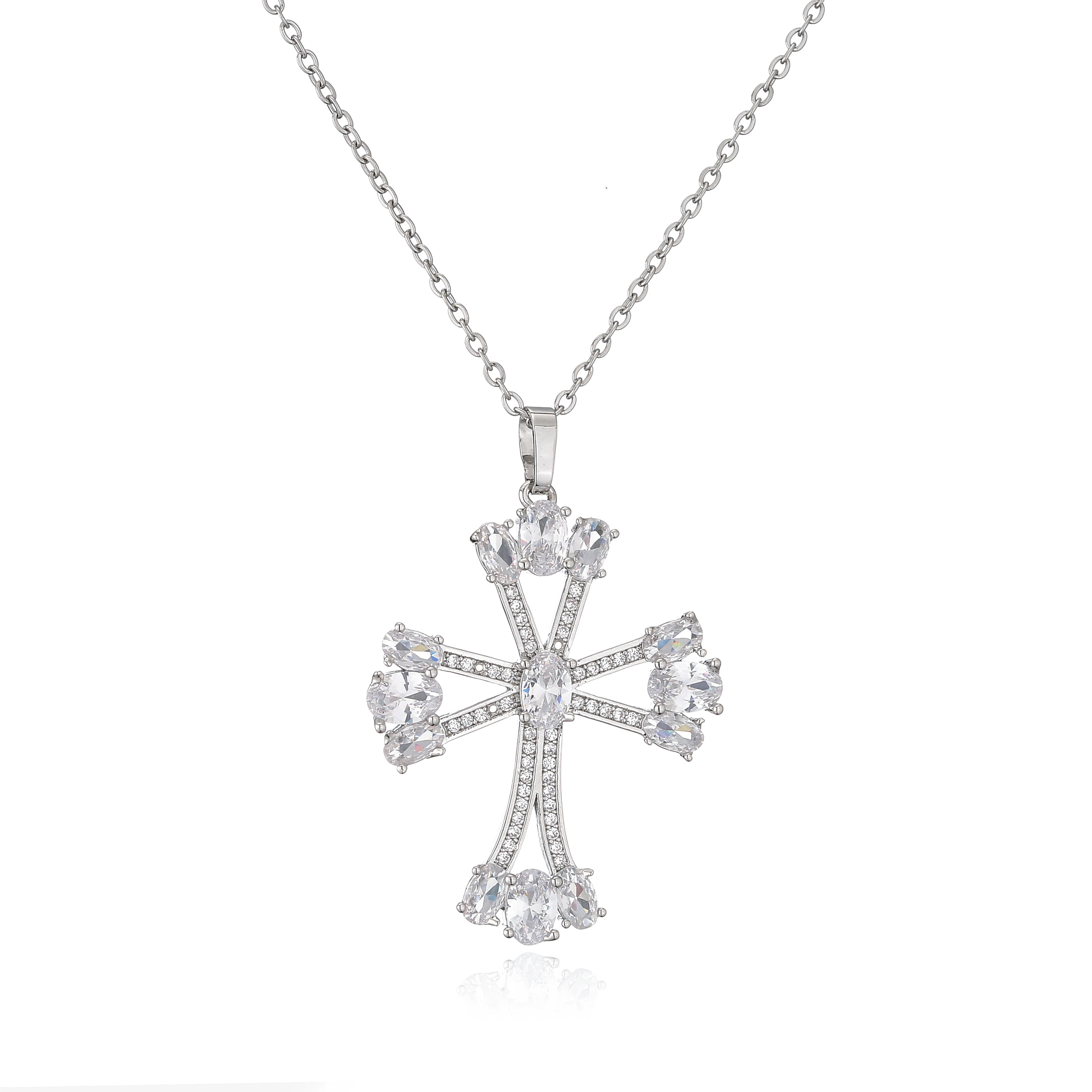 HECHENG,High Quality Crystal Shiny Zirconia Cubic Zircon Necklace Pendant Cross Jesus Christ Gold Colour Jewelry Gift for Women
