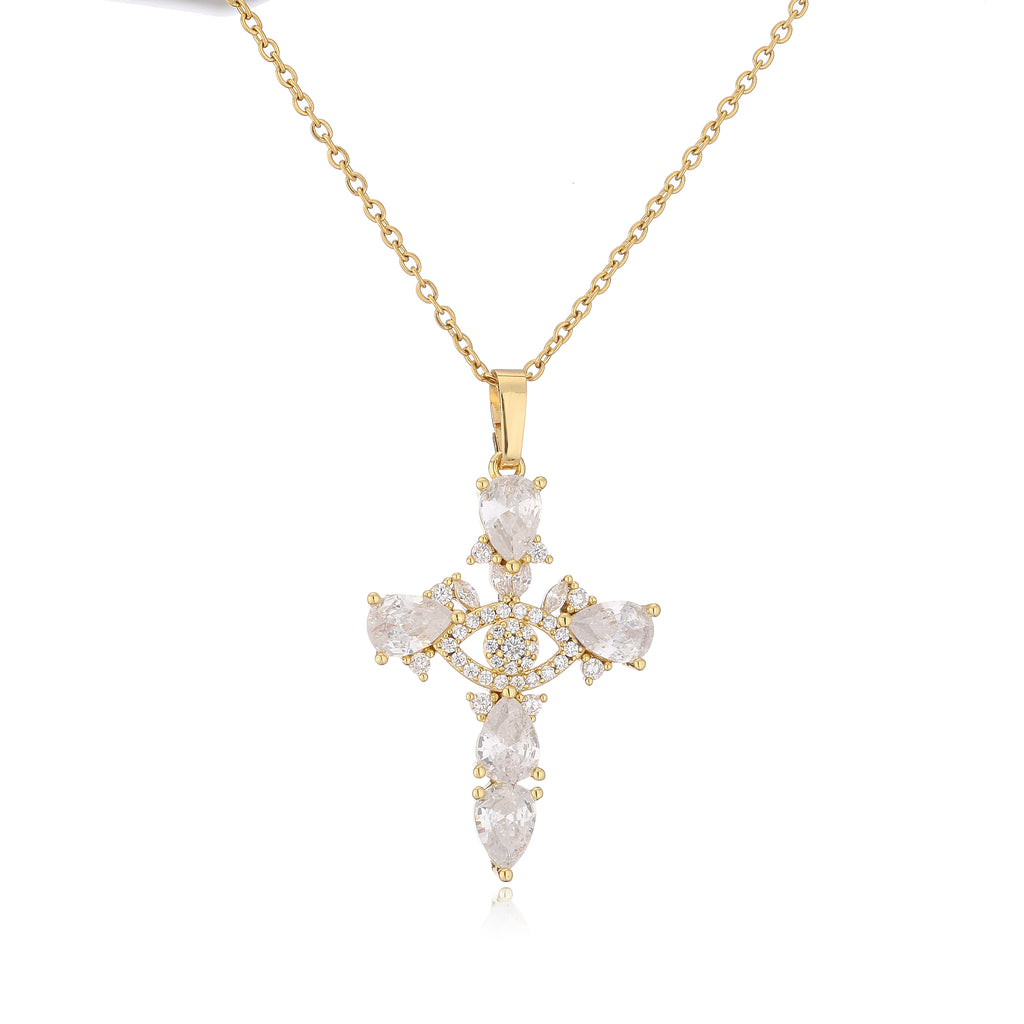 HECHENG,High Quality Crystal Shiny Zirconia Cubic Zircon Necklace Pendant Cross Jesus Christ Gold Colour Jewelry Gift for Women
