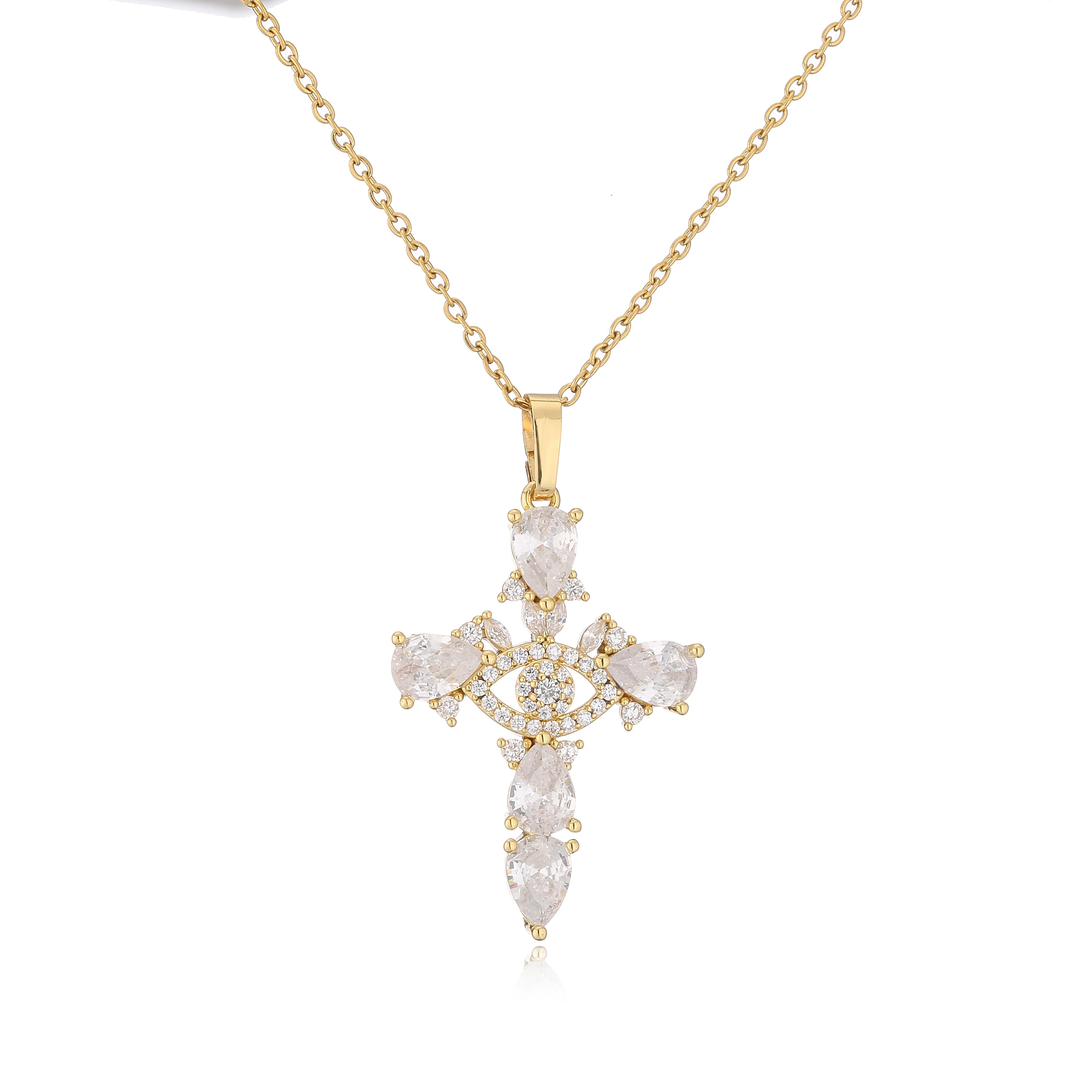 HECHENG,High Quality Crystal Shiny Zirconia Cubic Zircon Necklace Pendant Cross Jesus Christ Gold Colour Jewelry Gift for Women