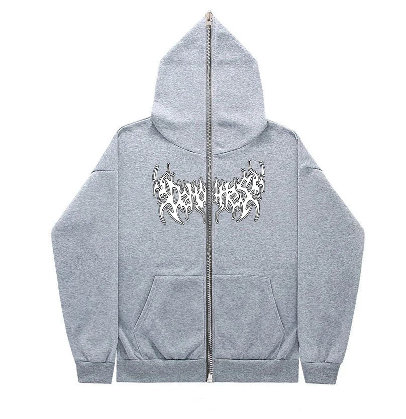 Grunge Zip Up Hoodie Streetwear Letter Printed Long Sleeved Sweatshirt Gothic Punk Y2k Autumn/Winter Men's Hoodie Men's Top