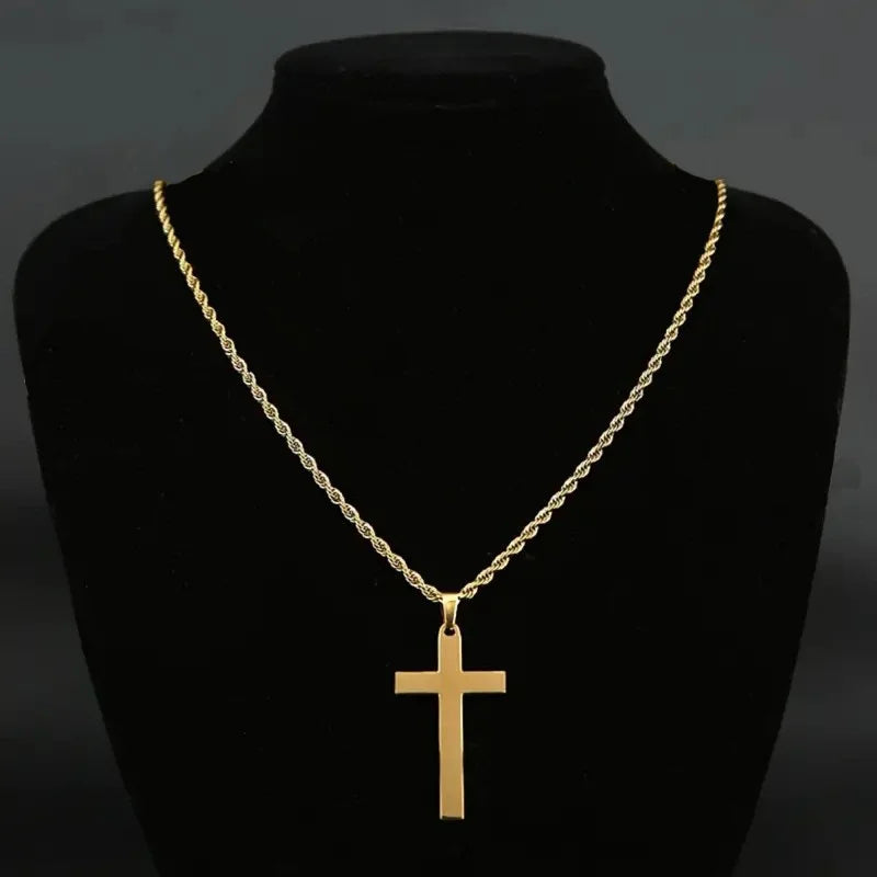 Men's Punk Rock Double Cross Necklace, Titanium Steel Dragon Bone Chain with Zircon, Vintage Gothic Biker Jewelry Gift for Him