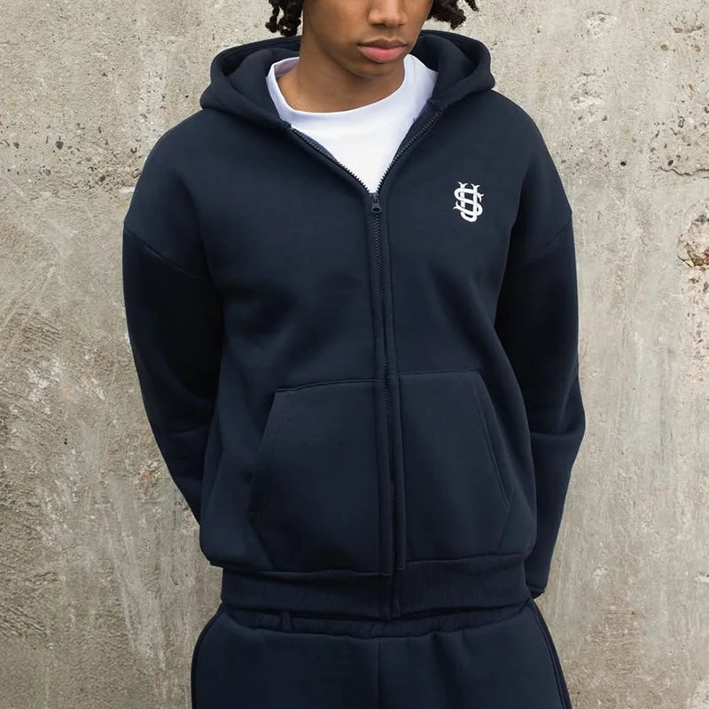 Warm Men's Sportswear Hoodie Solid Color Hooded Sweater Loose Fleece Pullover Sportswear Dark Blue Y2K Plus Thick Street Fashion