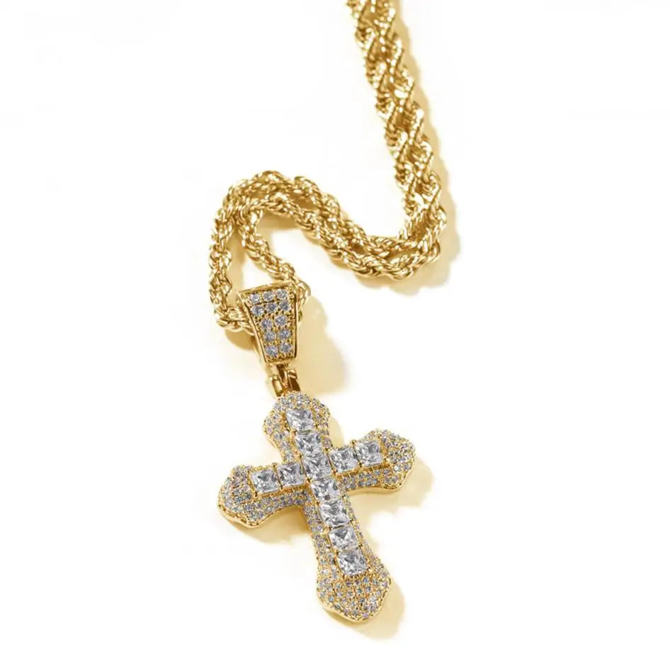 Trend Cross Pendant Necklaces Fashion Hip Hop Rapper's Iced Out Zirconia Stainless Steel Rope Chain on Neck HommeJewelry OHP141