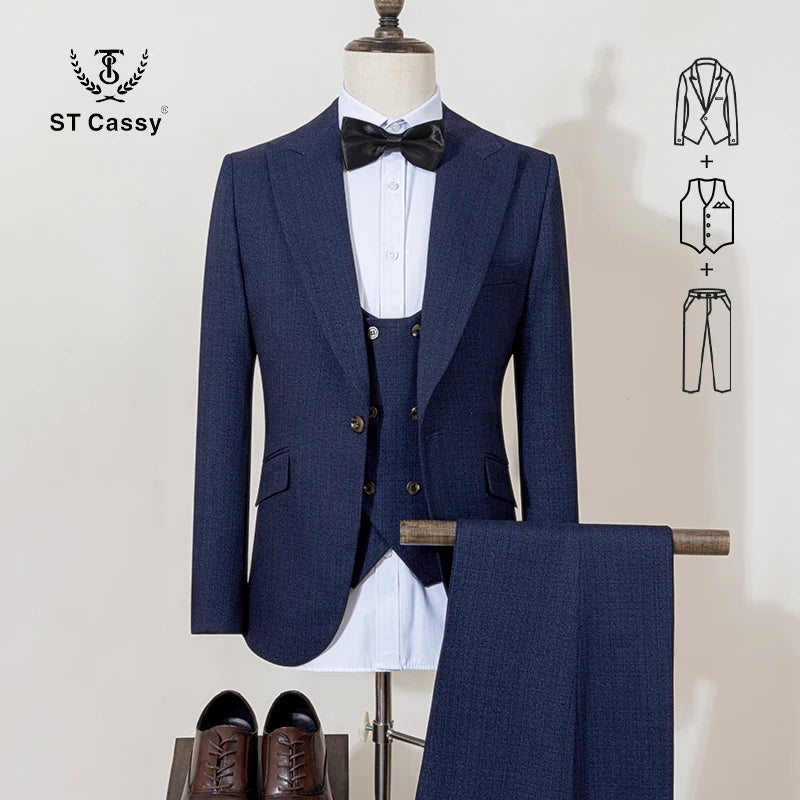 ST Cassy high quality full men's suits 3 pieces luxury Elegant Slim Fit Male Groom Wedding Party Dress Business Office costume