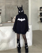 European and American Goths Dark Bat Print Hooded Cardigan Full Chain Loose Male and Female Trendy Brand Sweater Coat