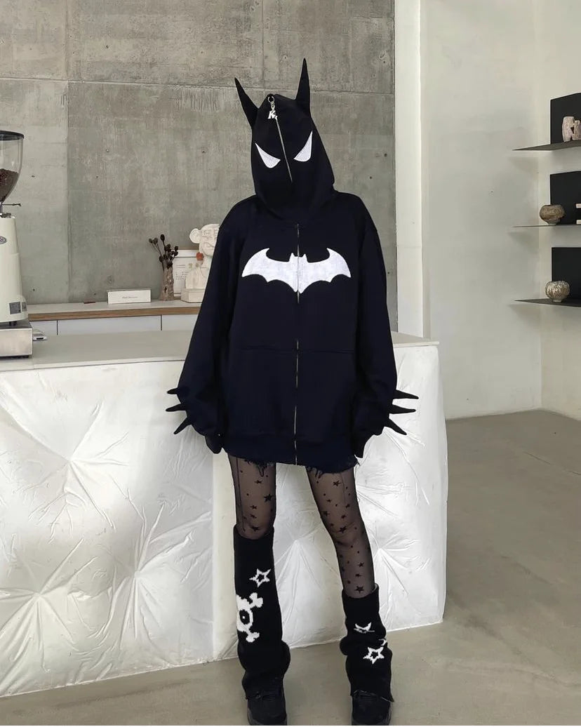 European and American Goths Dark Bat Print Hooded Cardigan Full Chain Loose Male and Female Trendy Brand Sweater Coat