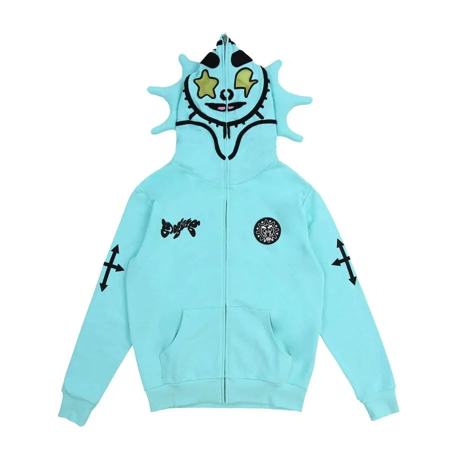 Skeleton Print Hoodie Cosplay Costume Zipper Jacket Long Sleeve Top Causal Hooded Sweatshirt Fashion Streetwear for Adult