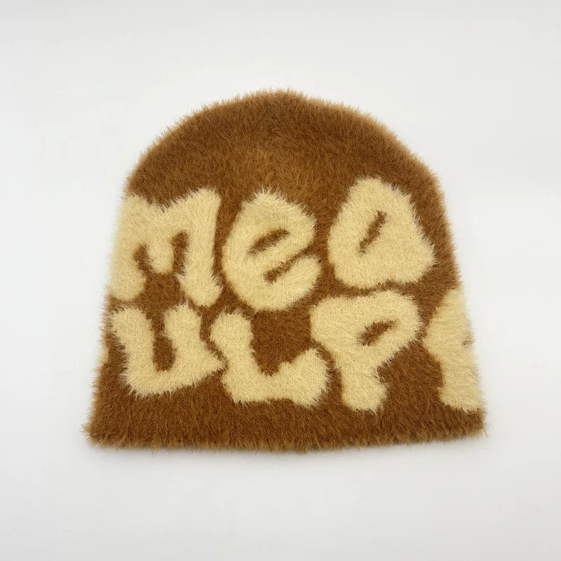 New Ins Popular Unisex Autumn Funny Hat Mink Fur Winter Women's Cap With Letter Beanies Hat Men Warm Soft Skullies Bonnets Gift