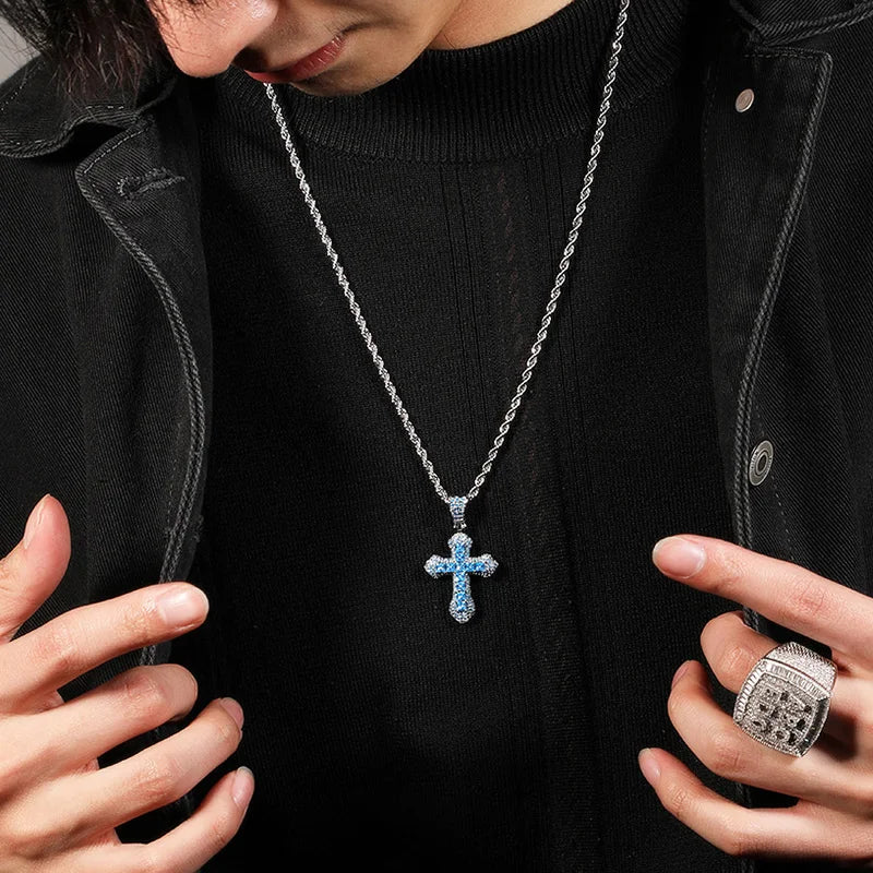 Trend Cross Pendant Necklaces Fashion Hip Hop Rapper's Iced Out Zirconia Stainless Steel Rope Chain on Neck HommeJewelry OHP141