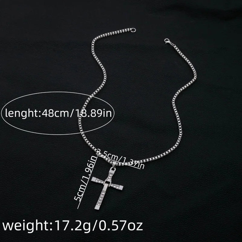 Men's Punk Rock Double Cross Necklace, Titanium Steel Dragon Bone Chain with Zircon, Vintage Gothic Biker Jewelry Gift for Him