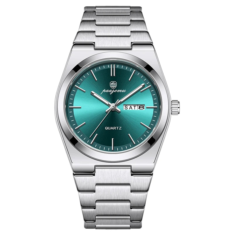 PAAZOMU 2026 New Sleek Silver Stainless Steel Quartz Watch with Striking Blue Sunburst Dial, Day-Date Window, and Luminous Hands