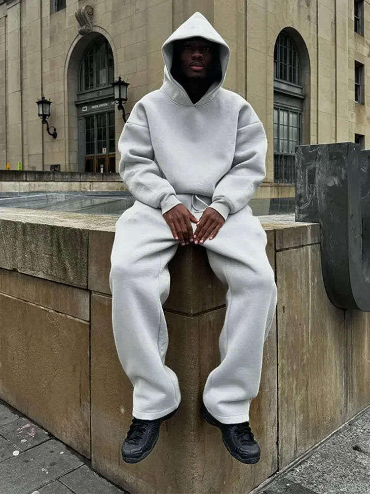 Solid Couple's Hooded Sweatshirt 2 Piece Set Casual Loose Sweatpants Suit Autumn Male Jogging Sweatshirt Trousers Outfits Suits